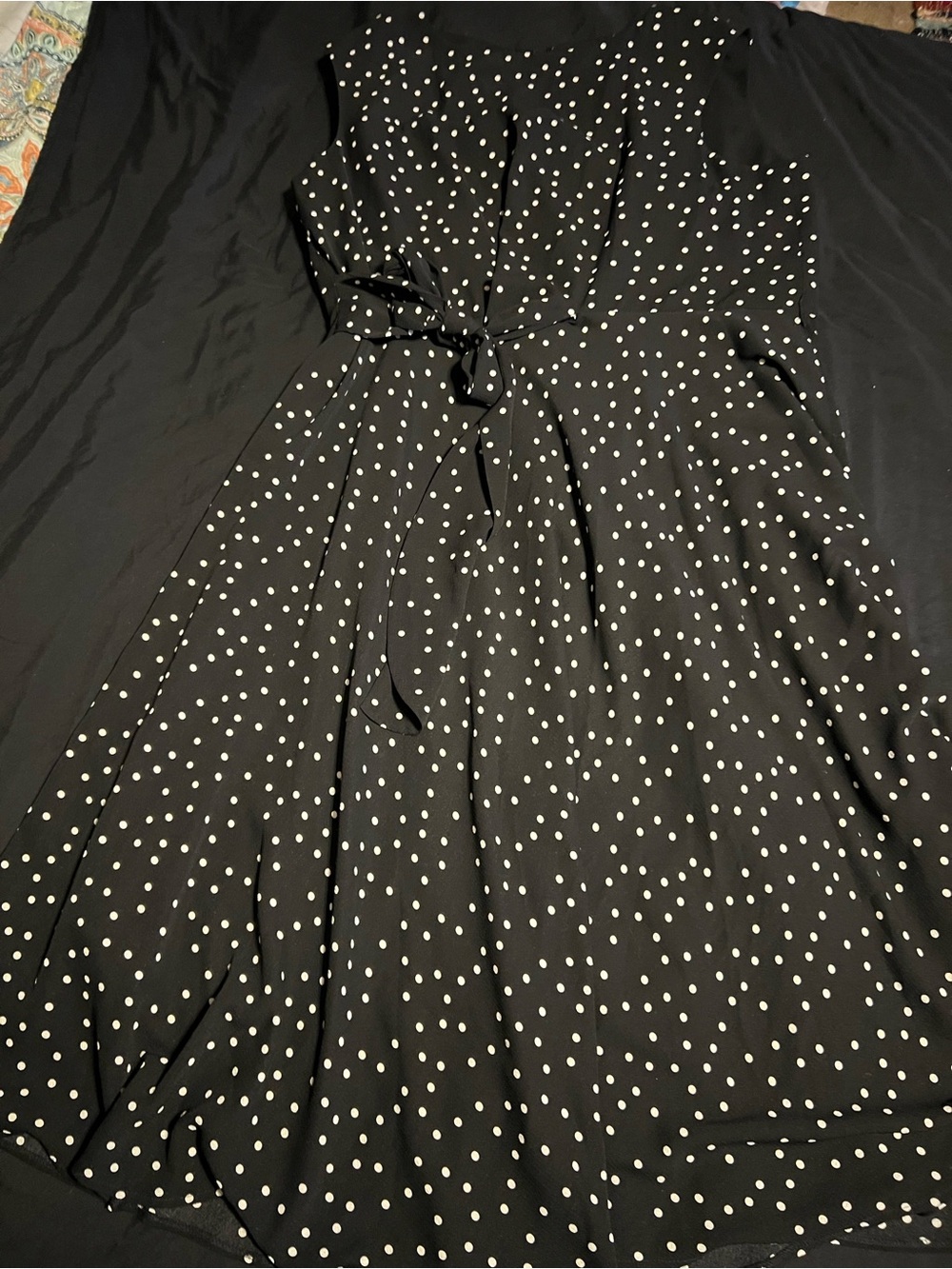 Tahari Black Polka Dot Midi Dress with Self Tie Waist